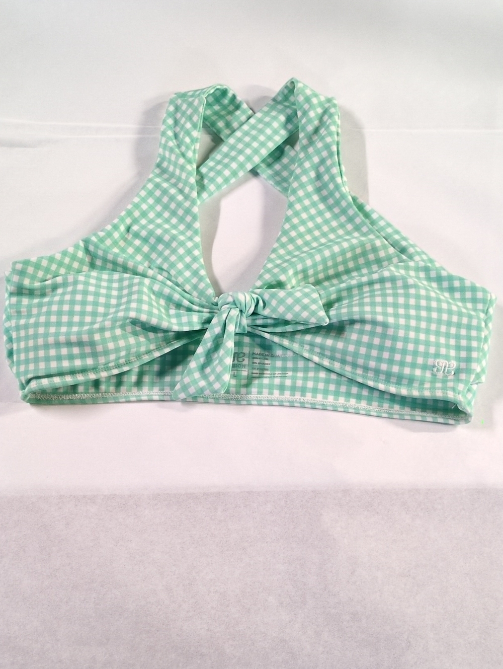 Albion Fit Gingham Knot Bikini Top Green White Halter Retro, Size L